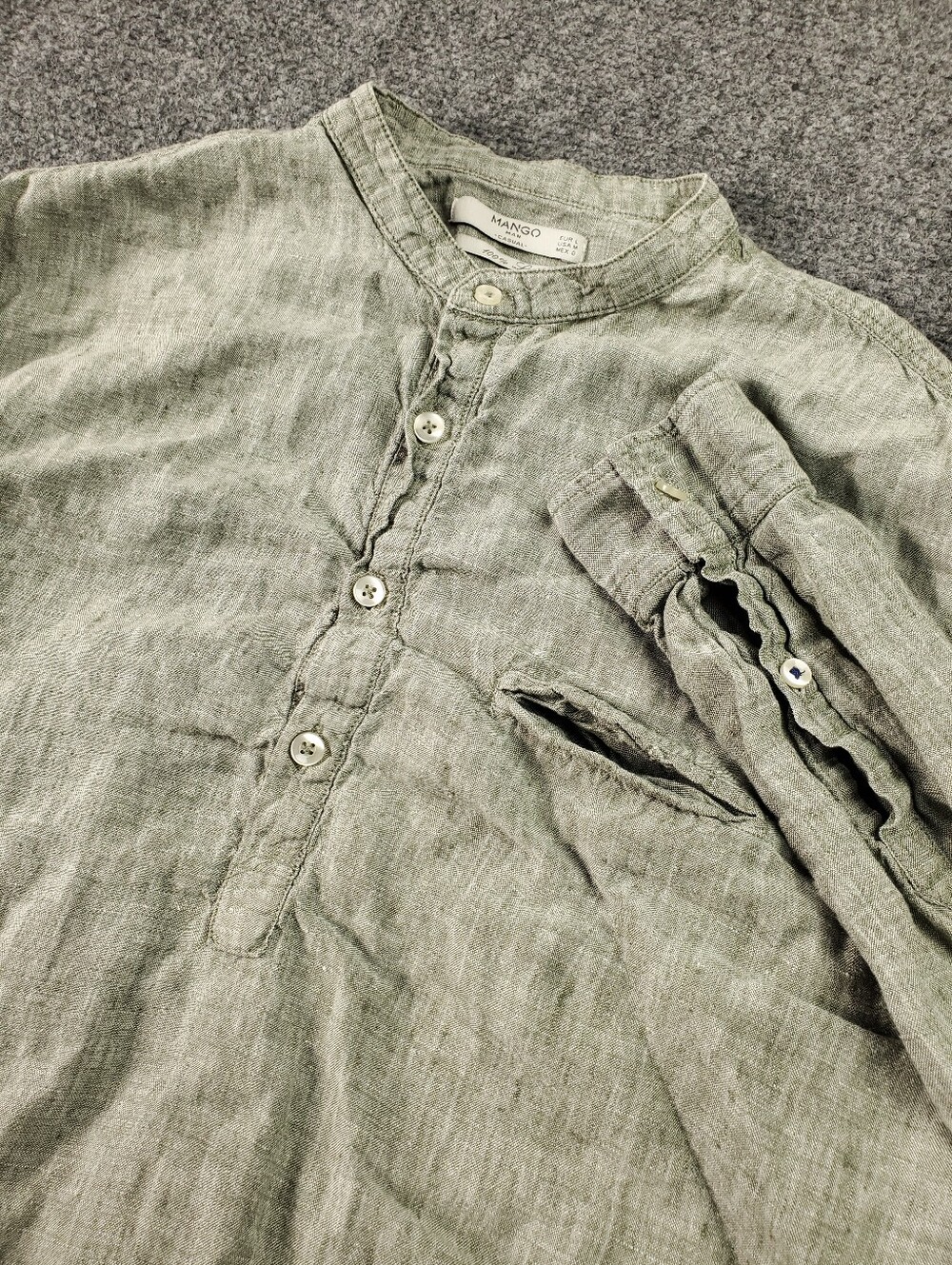 Mango 100% Linen Popover Shirt Mens Medium Band Collar Half Button Olive Green